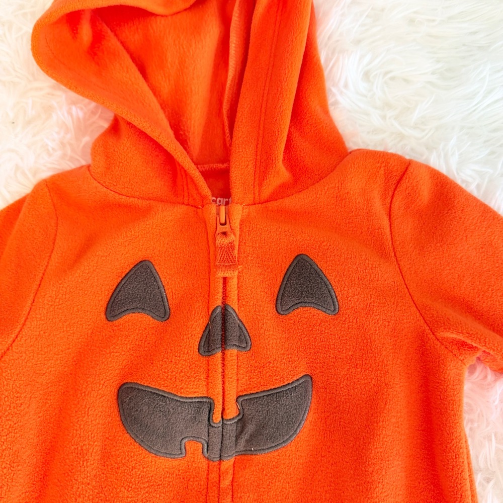 Carter's Baby 9M Pumpkin Fleece Jumpsuit Halloween Costume Orange Hooded Romper - Picture 2 of 8